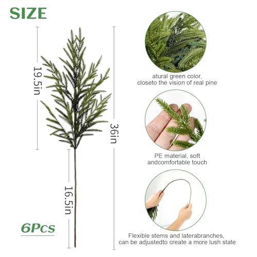 BIGFIS 6 Pack Artificial Norfolk Pine Branches 36-inch Faux Greenery for Christmas Decorations