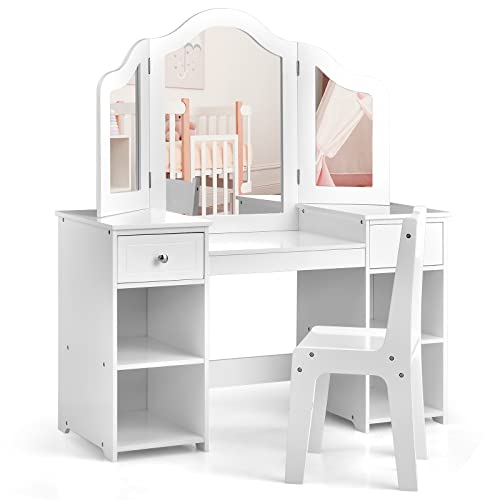 Kids Vanity Table and Chair Set with Tri-Folding Mirror and Storage