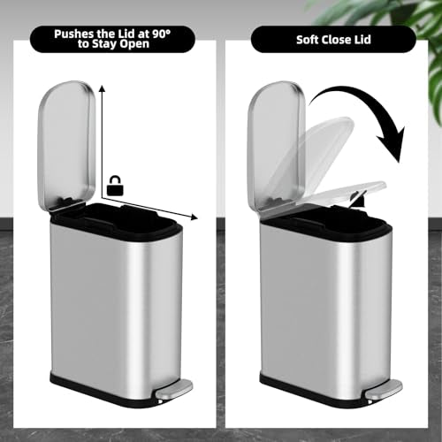 Slim Stainless Steel Trash Can, 2.6 Gallon Soft Close Garbage Can with Removable Inner Bucket and Bags for Bathroom and Narrow Spaces