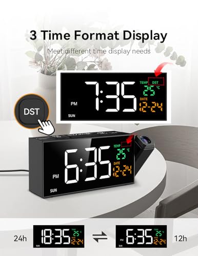 Projection Alarm Clock for Bedroom Ceiling - 180° Rotatable Digital Clock