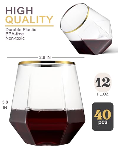 40 Pack 12oz Gold Rimmed Stemless Plastic Wine Glasses, Disposable Cups