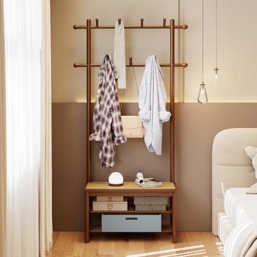 3-in-1 Bamboo Hall Tree with Shoe Storage Bench and Coat Rack