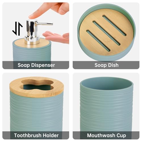 4-Piece Bamboo Bathroom Accessory Set, Aqua Boho Soap Dispenser and Holder