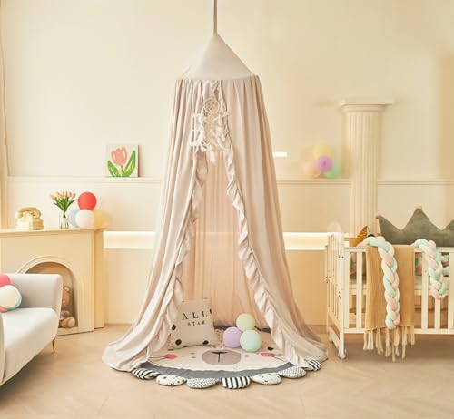 Ruffled Bed Canopy for Girls - Hanging Dome Princess Curtain & Play Tent (Ivory)