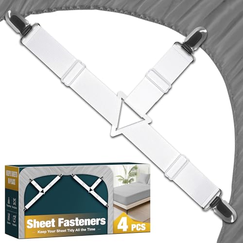 Bed Sheet Fasteners - 4 Pack Adjustable Elastic Straps with Metal Clips