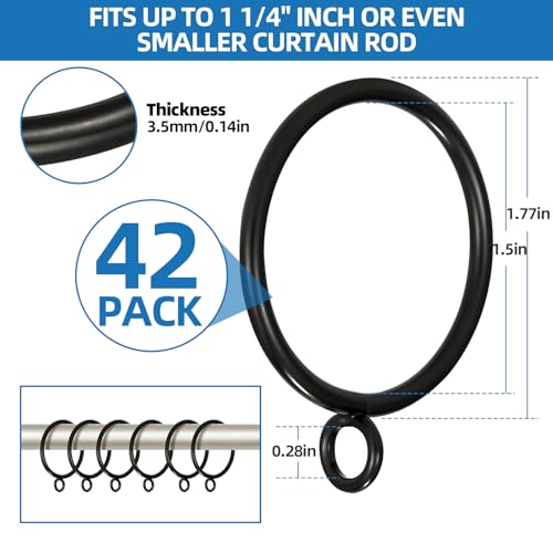 42 Pack Metal Curtain Rings with Eyelets, 1.5 Inch Inner Diameter, Black