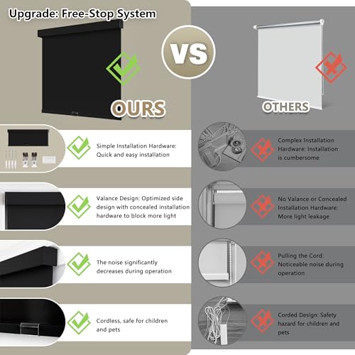 Cordless Blackout Roller Shades, 34"W x 72"H, UV Protection & Thermal Insulation