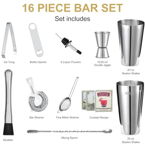 Perjoy 16-Piece Stainless Steel Cocktail Shaker Set with Bar Tools, Boston Shaker, Jigger & Muddler