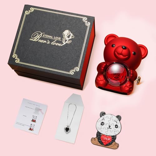 Red Teddy Bear with Real Preserved Rose & Hidden Jewelry Box - Forever Gift for Her