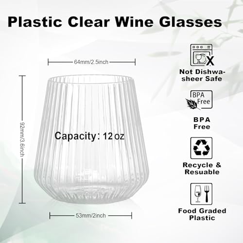 36-Pack 12oz Ribbed Plastic Stemless Wine Glasses, Clear Ripple Cups