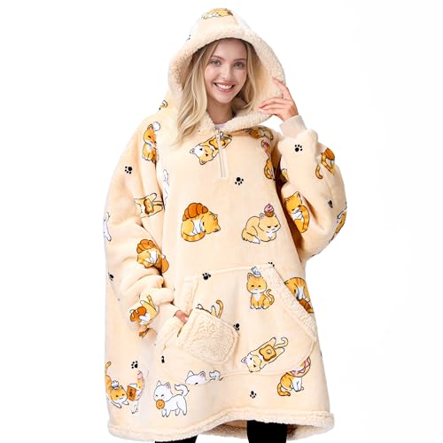 Oversized Wearable Blanket Hoodie with Pockets - Soft Sherpa Fleece Cat Print