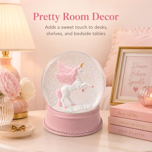 100mm Pink Unicorn Snow Globe with Glitter for Bedroom Shelf Decor
