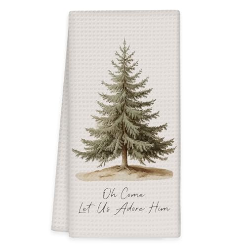 Vintage Tree Christmas Kitchen Towels 16x24in - Let Us Adore Him Xmas Dish Towel (Variation: Vintage Tree) by OINDADE