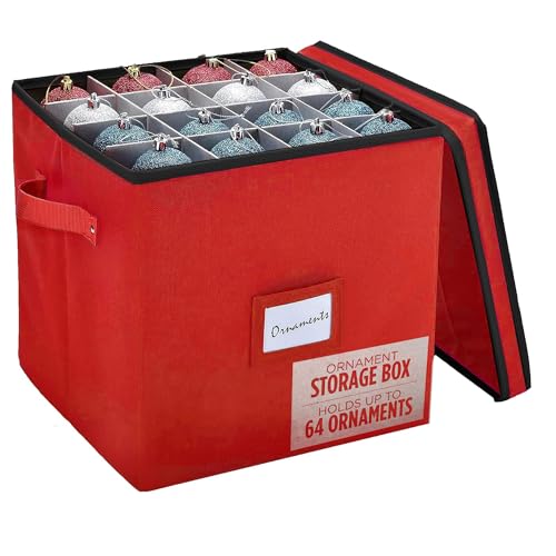 Christmas Ornament Storage Box with Adjustable Dividers and 64 Capacity