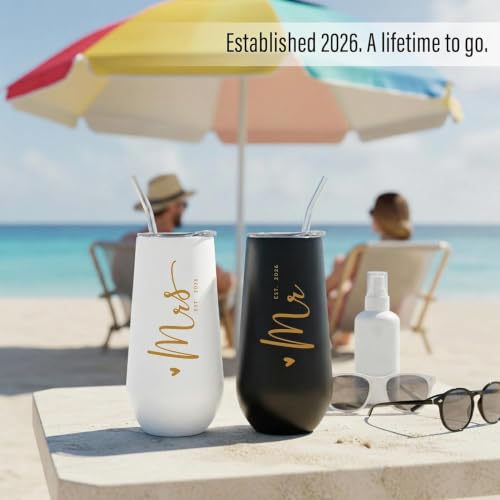CARANOTS Mr & Mrs 2026 Champagne Flute Set - Wedding Gift, 10 oz Stemless Stainless Steel, Black & White, Gift Box