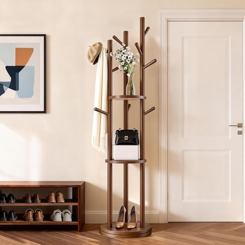 Solid Wood Rotating Coat Rack with 3 Shelves & 9 Hooks, Walnut Finish