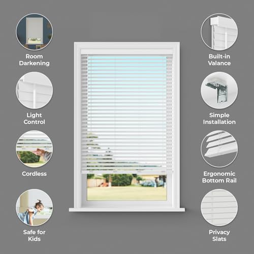 Cordless 2" Faux Wood Blinds, 34" W x 60" L, White