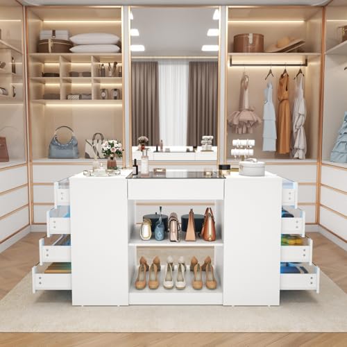 Modern Closet Island with 10 Drawers, Glass Top, and LED Lighting - White