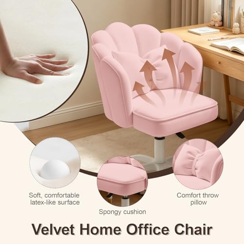 Velvet Petal Desk Chair with Bow Cushion and Swivel Wheels