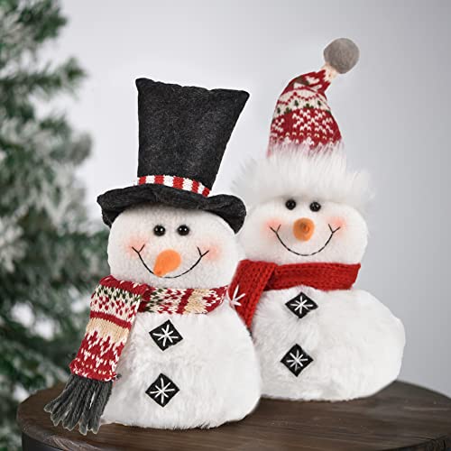 Worldeco 2-Piece Christmas Snowman Plush Decor, Red Hat Adjustable Bowler, 9.75in & 12.25in