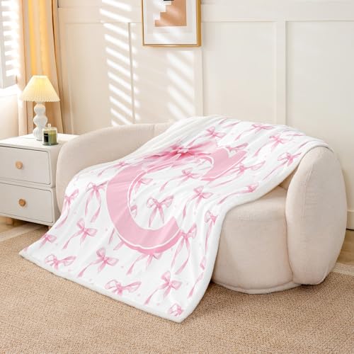 Pink C & White Bow Blanket Throw 50x60 Fleece & Sherpa Kids Teen Girl Decor