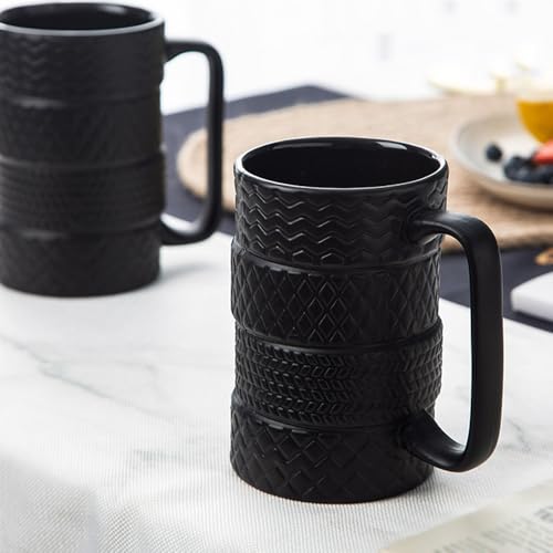 LOZACHE 500ml 3D Tire Funny Mug with Spoon & Handle – Black 03, Large Ceramic Coffee Cup for Dad, Mechanic Gift