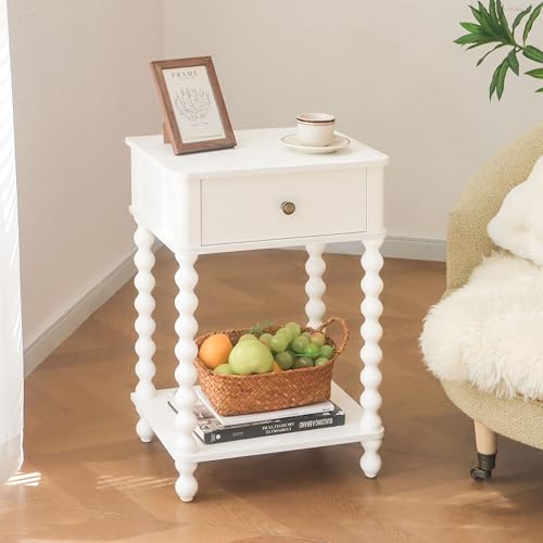 Small White Nightstand with Drawer & Spindle Wood Legs - Farmhouse End Table