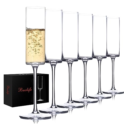 Hand-Blown Crystal Champagne Flutes - 6.5 oz Elegant Stemware Set of 6