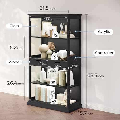 4-Tier Glass Display Cabinet with RGB Lights, Motion Sensor & 2 Drawers