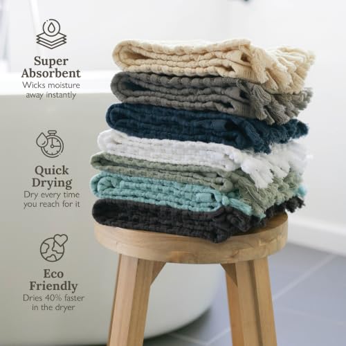 Waffle Weave Hand Towels with Tassel Fringe, 20x35 Inch, 2 Pack, Cream
