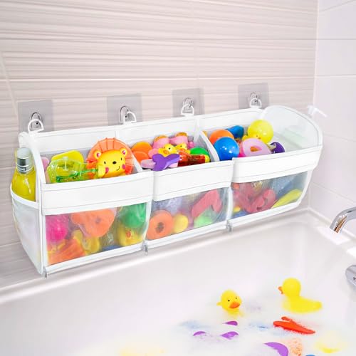 3-Compartment Hanging Bath Toy Organizer with Quick-Dry Mesh and Zippers