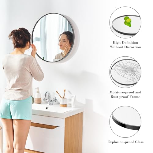 24-Inch Round Wall Mirror, Brushed Black Aluminum Frame Bathroom Vanity Mirror