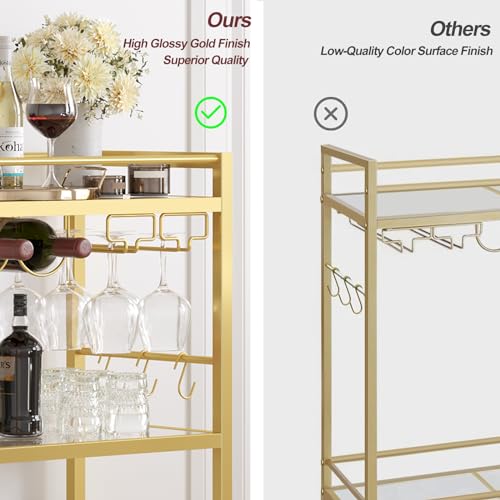 3-Tier Gold Bar Cart with Mirrored Shelves, Wine Rack, and Glass Holder