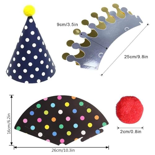 11PCS Birthday Party Cone Hats with Pom Poms - Kids & Adults