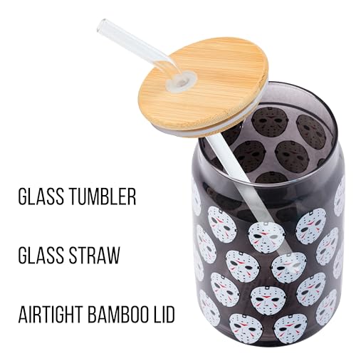 Silver Buffalo Friday the 13th Featuring Jason Vorhees Glass Jar Tumbler with Bamboo Lid and Glass Straw, 16 Ounces