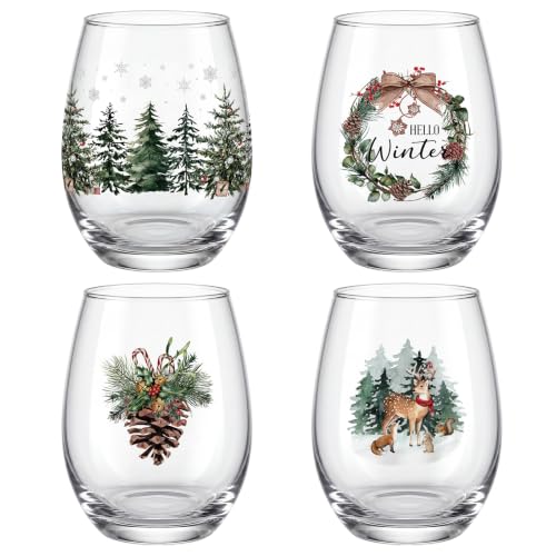 Potchen 4-Pack Christmas Forest Stemless Wine Glasses 18oz - Holiday Party Drinkware