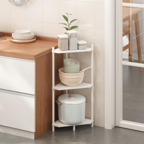 3-Tier Bamboo Corner Shelf, Small Standing Storage Organizer for Bathroom