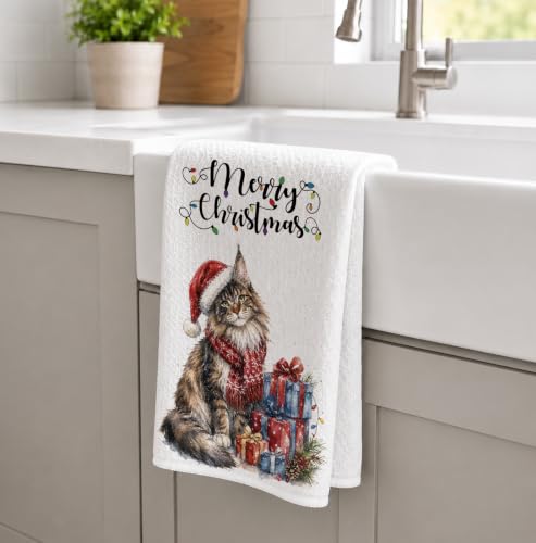 Santa Tabby Cat Christmas Kitchen Towels 16x24in - Merry Christmas Decor