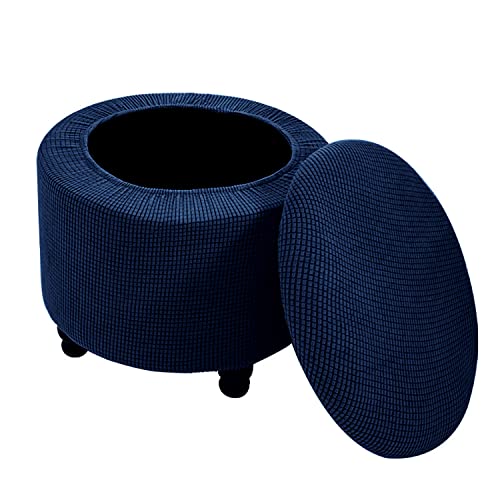 2-Piece Stretch Ottoman Cover with Storage - Removable & Washable Protector (Navy Blue)