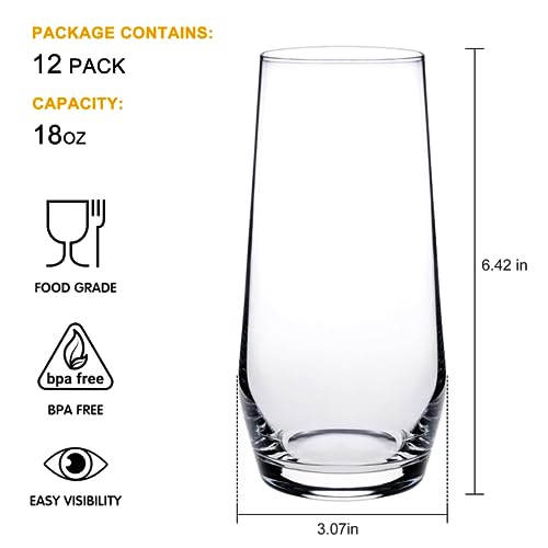 18oz Crystal Highball Glasses Set of 12 - Modern Durable Drinking Cups