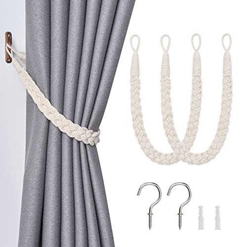 2 Pack Natural Cotton Rope Curtain Tiebacks, Boho Hand-Woven Drape Holdbacks