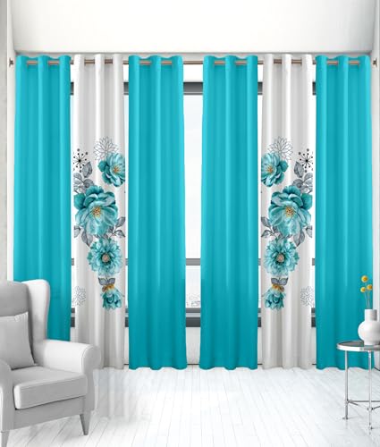 Teal Floral Curtain Set with Grommets - 6 Pcs (2 Print + 4 Solid, 38"x84")