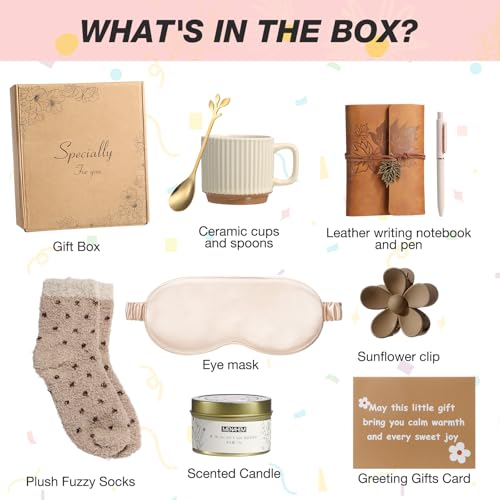 Eirunyx Gift Basket for Women Brown01 - Self Care & Birthday Gifts, Deluxe Set with Mug, Candle, Notebook & More