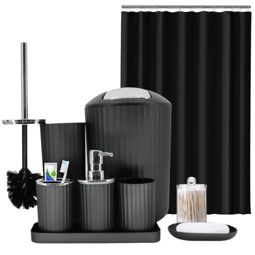 10-Piece Black Bathroom Accessory Set with Shower Curtain and Trash Can