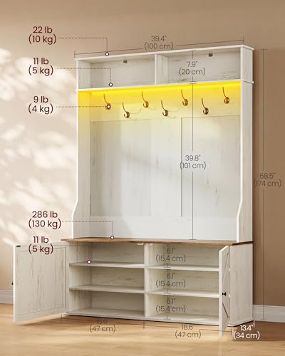 5-in-1 Hall Tree with Shoe Bench, LED Lighting, and 7 Hooks, Rustic White