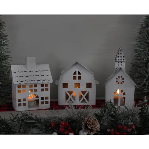 White Metal Farmhouse Christmas Village Set of 3 Candle Lantern Houses