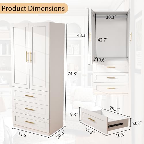 Modern White Wardrobe Closet with 3 Drawers and Hanging Rail