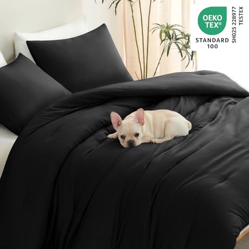 Queen Size Comforter Set - 3-Piece All Season Down Alternative Bedding, Black