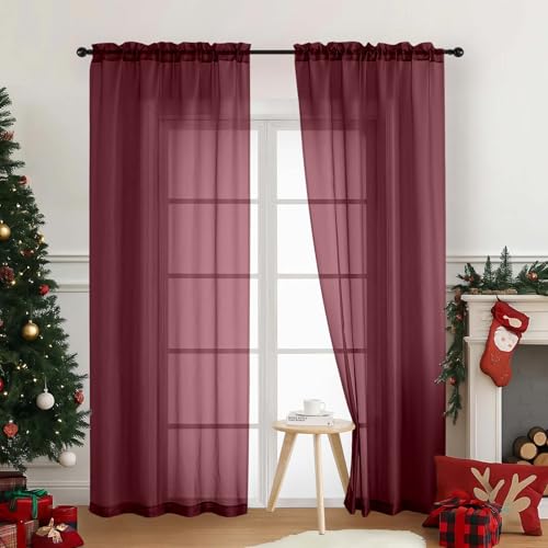 Ebesto Burgundy 2-Pack Sheer Curtains 42x84 inches Dual Rod Pocket