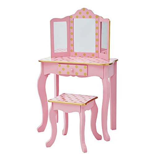 Kids Wooden Vanity Table and Chair Set with Tri-Fold Mirror and Drawer
